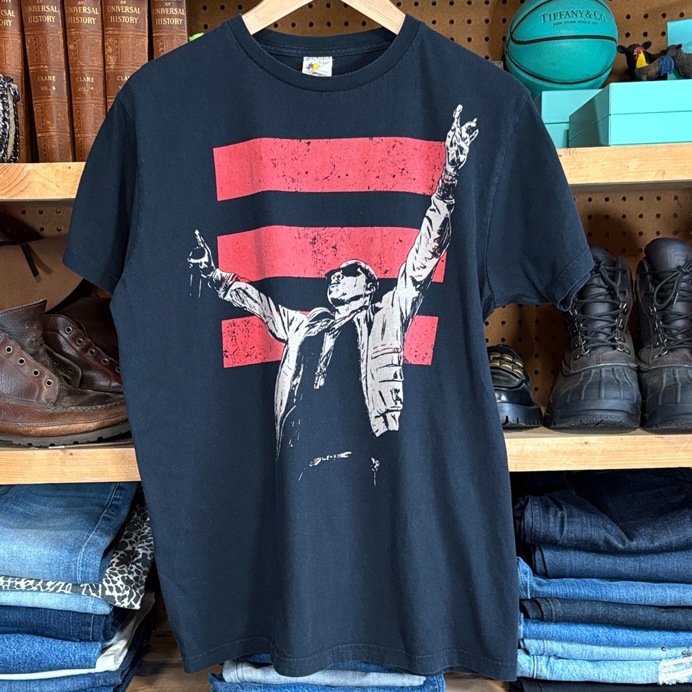Black Graphic Tee with Red Stripes